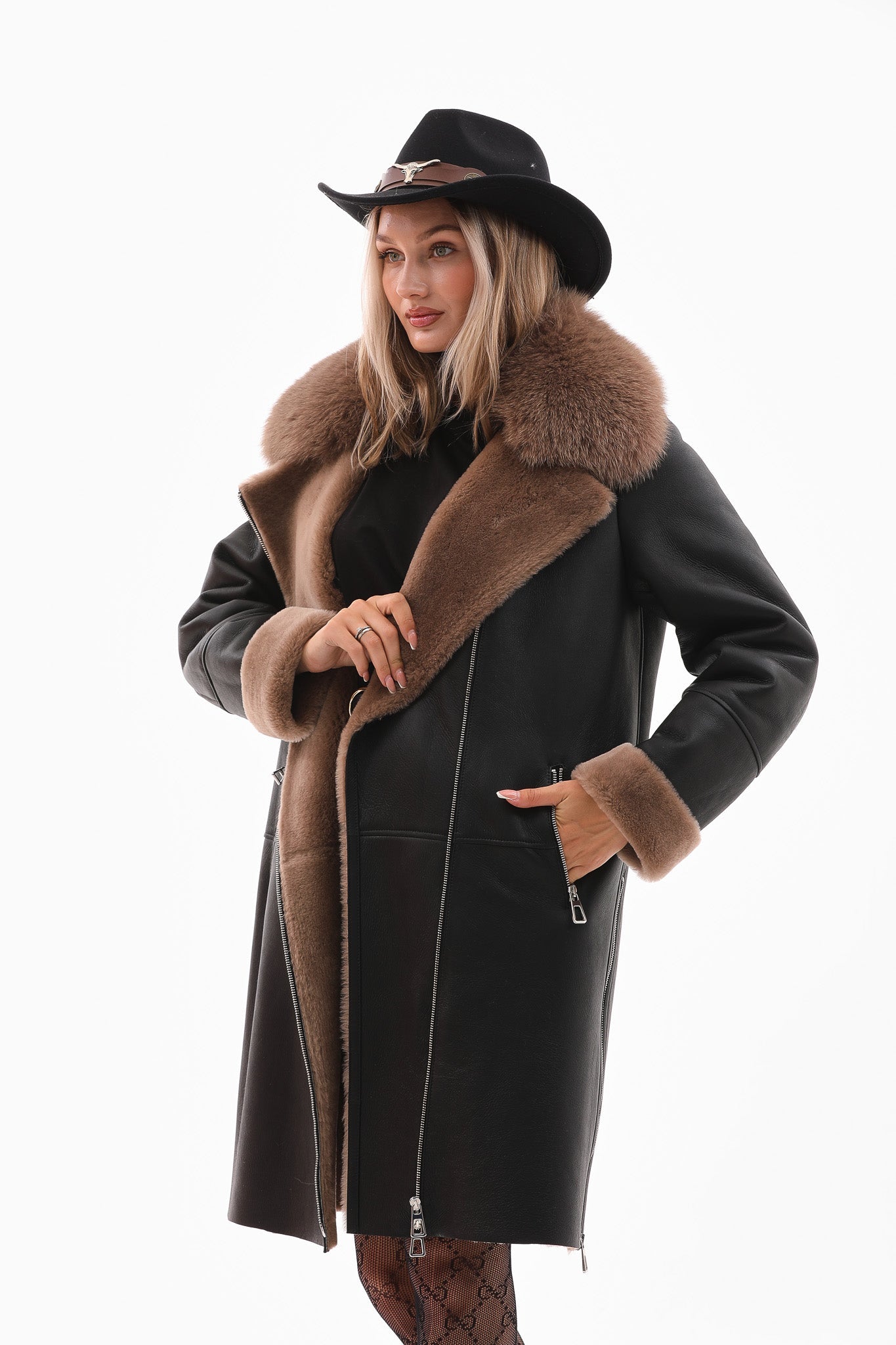 The Onyx Caramel Shearling Fox Fur Leather Jacket - Vinci Leather
