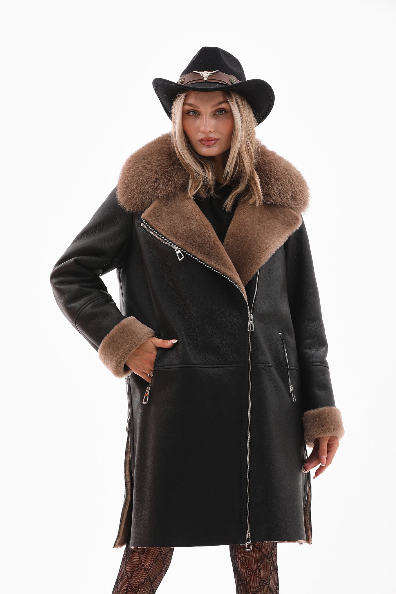 The Onyx Caramel Shearling Fox Fur Leather Jacket - Vinci Leather