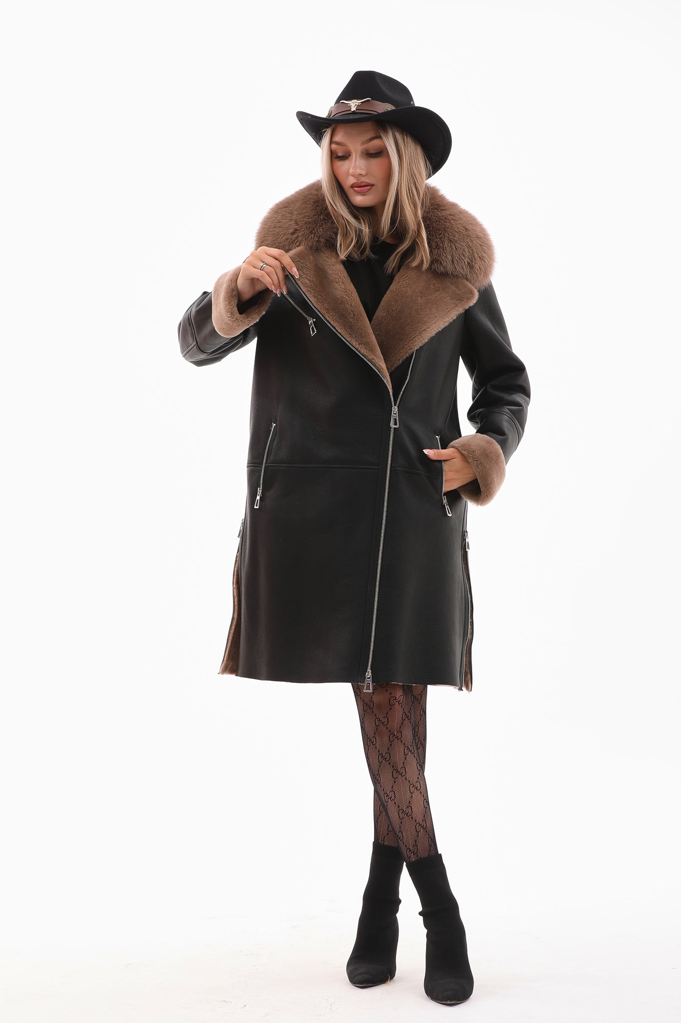 The Onyx Caramel Shearling Fox Fur Leather Jacket - Vinci Leather