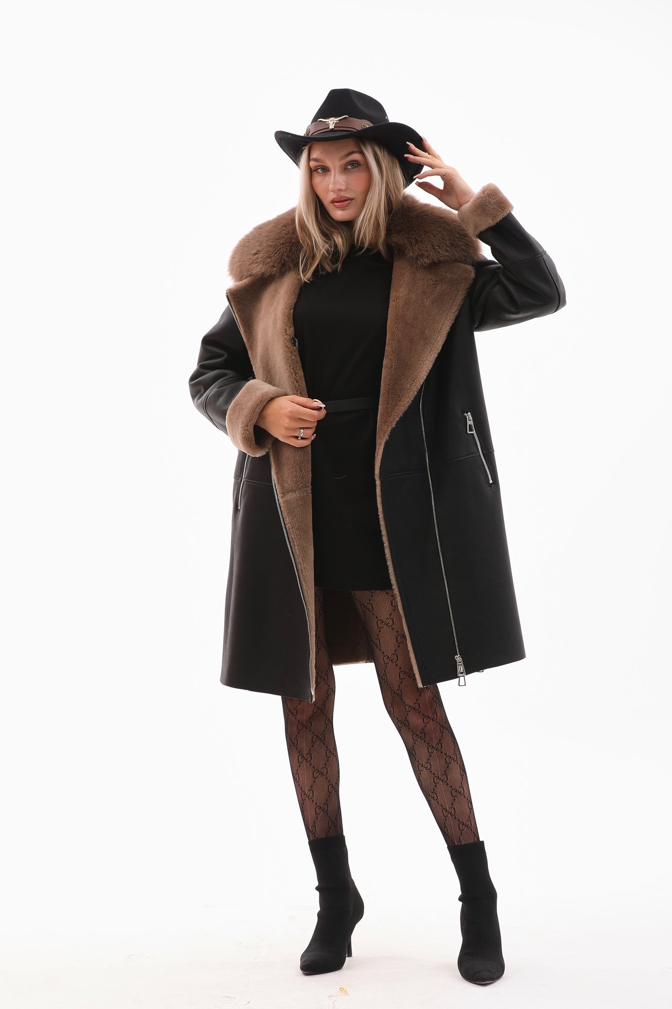The Onyx Caramel Shearling Fox Fur Leather Jacket - Vinci Leather