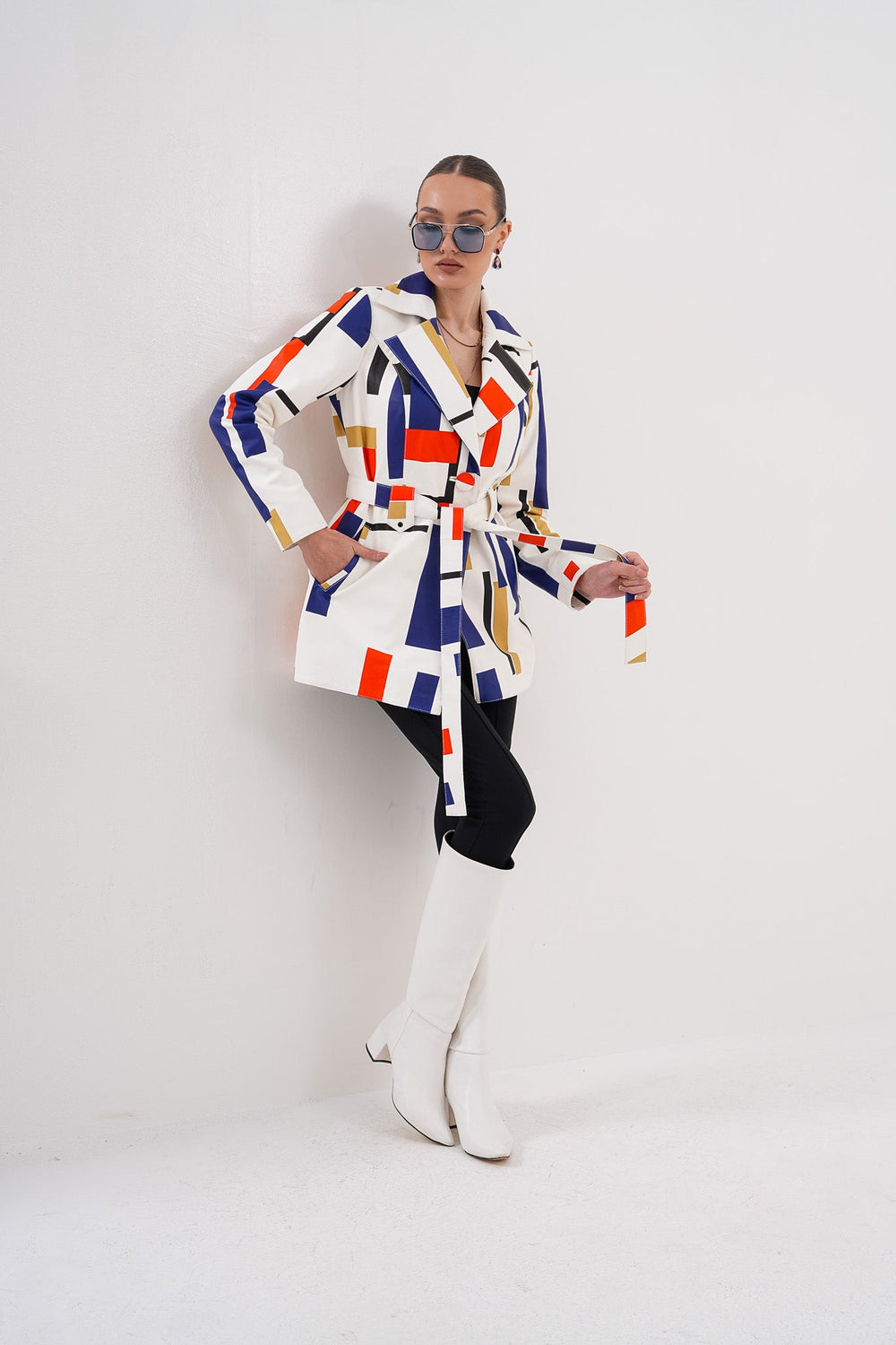 Sienna Abstract Art Leather Jacket – Red Navy Edition - Vinci Leather