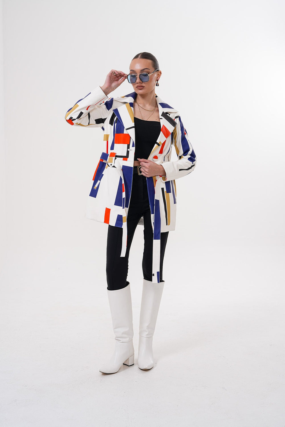 Sienna Abstract Art Leather Jacket – Red Navy Edition - Vinci Leather