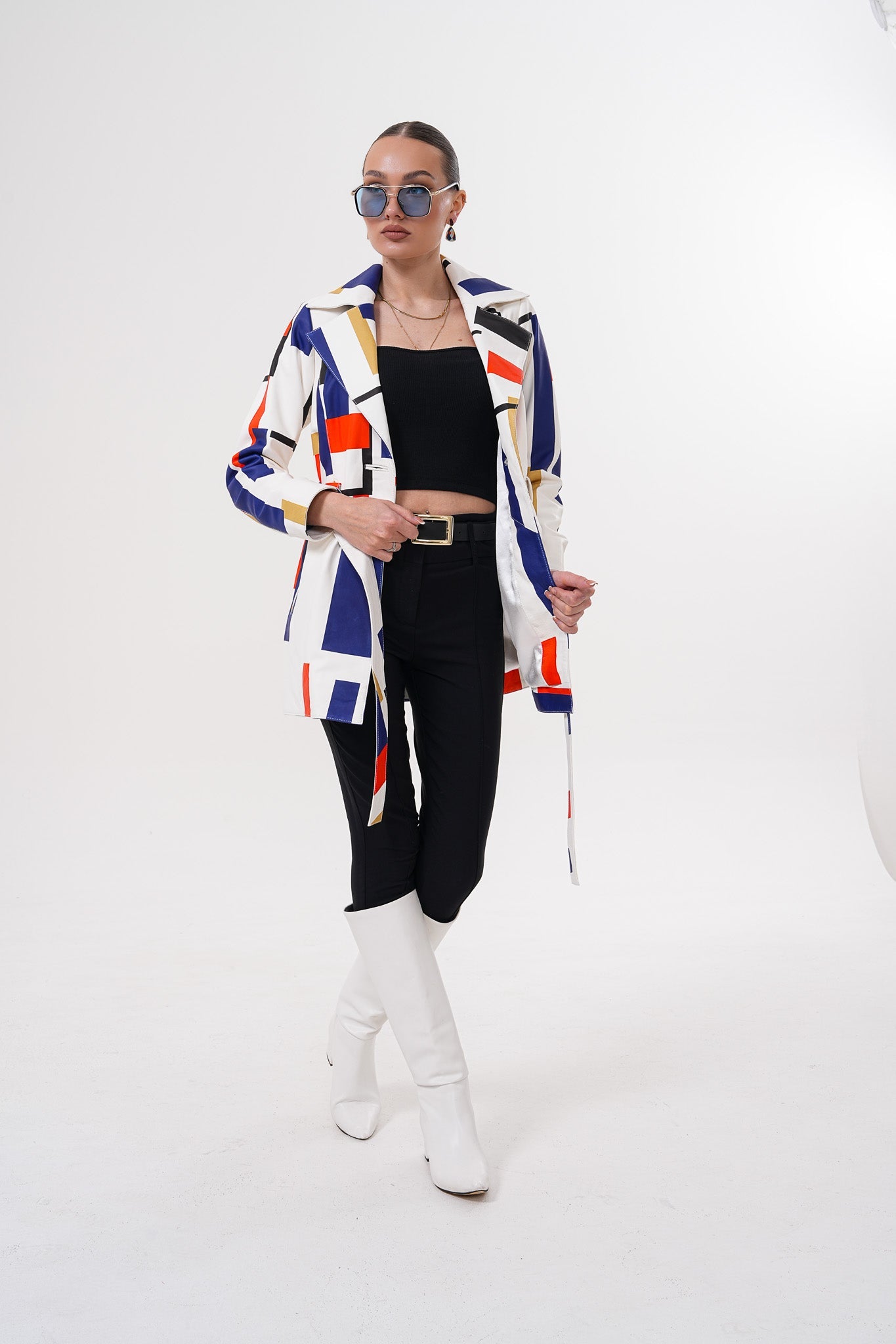 Sienna Abstract Art Leather Jacket – Red Navy Edition - Vinci Leather