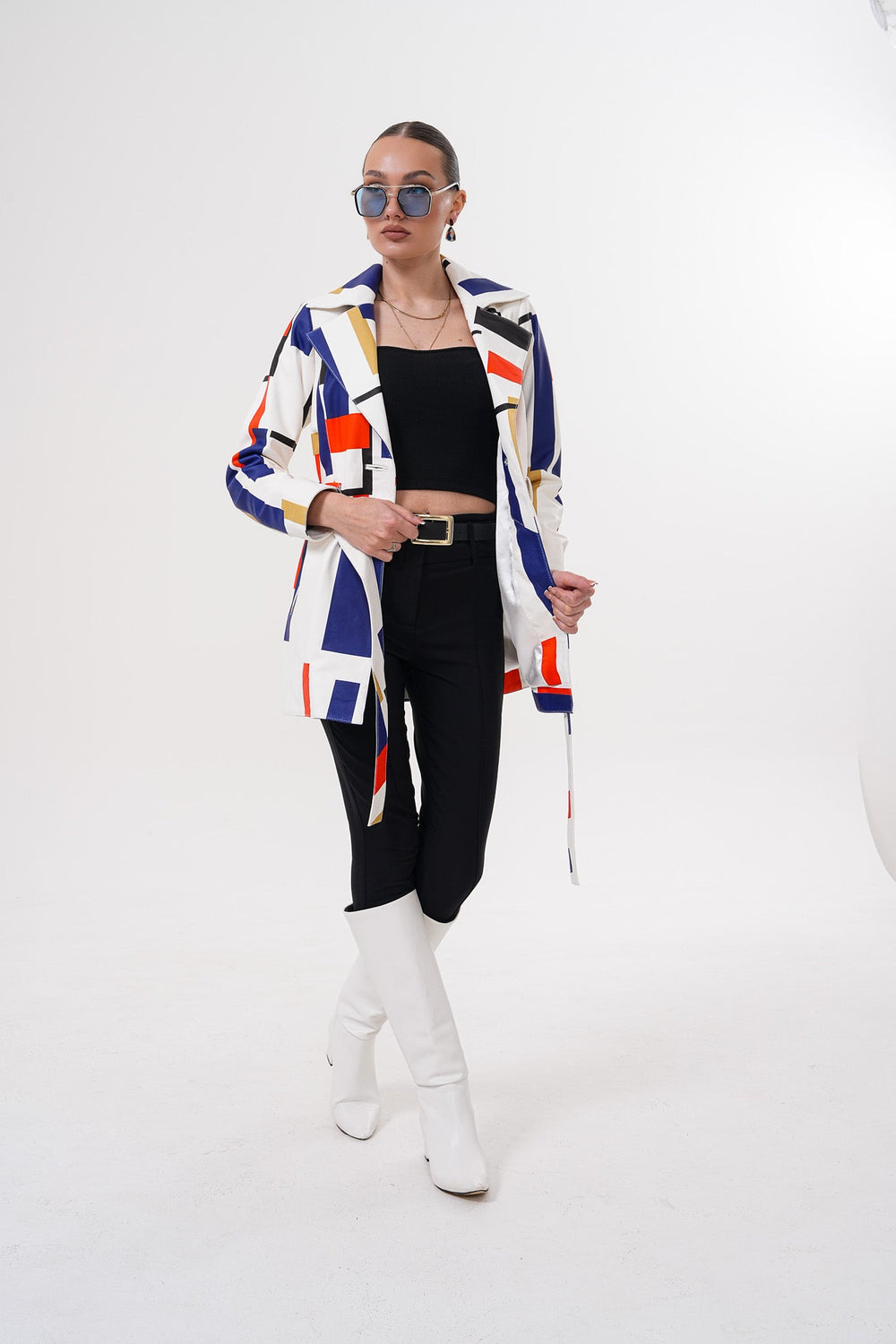 Sienna Abstract Art Leather Jacket – Red Navy Edition - Vinci Leather