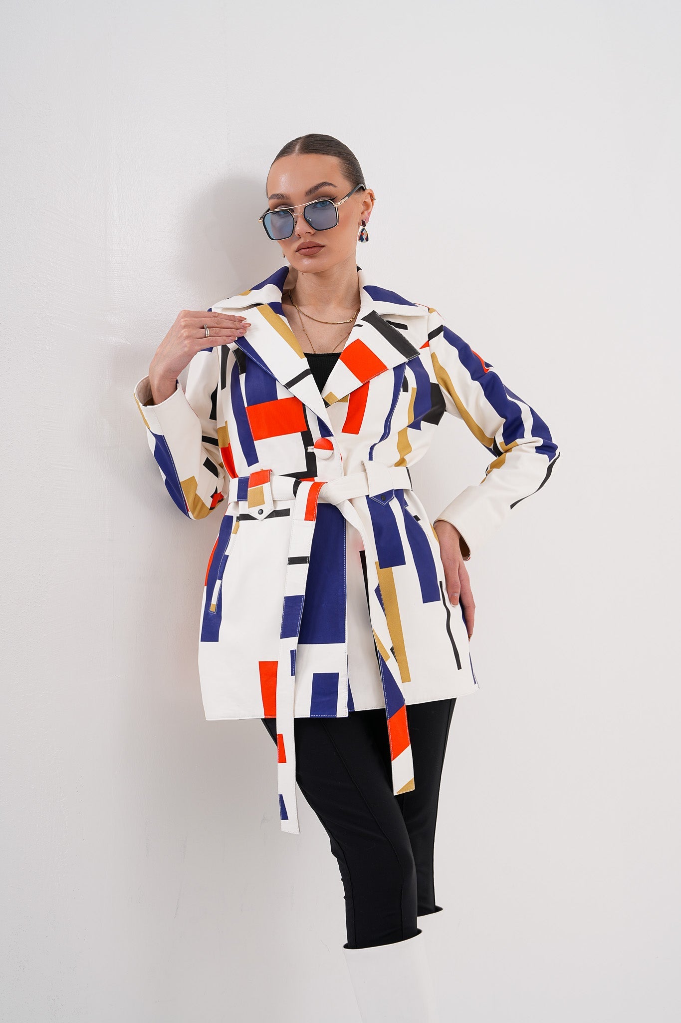Sienna Abstract Art Leather Jacket – Red Navy Edition - Vinci Leather