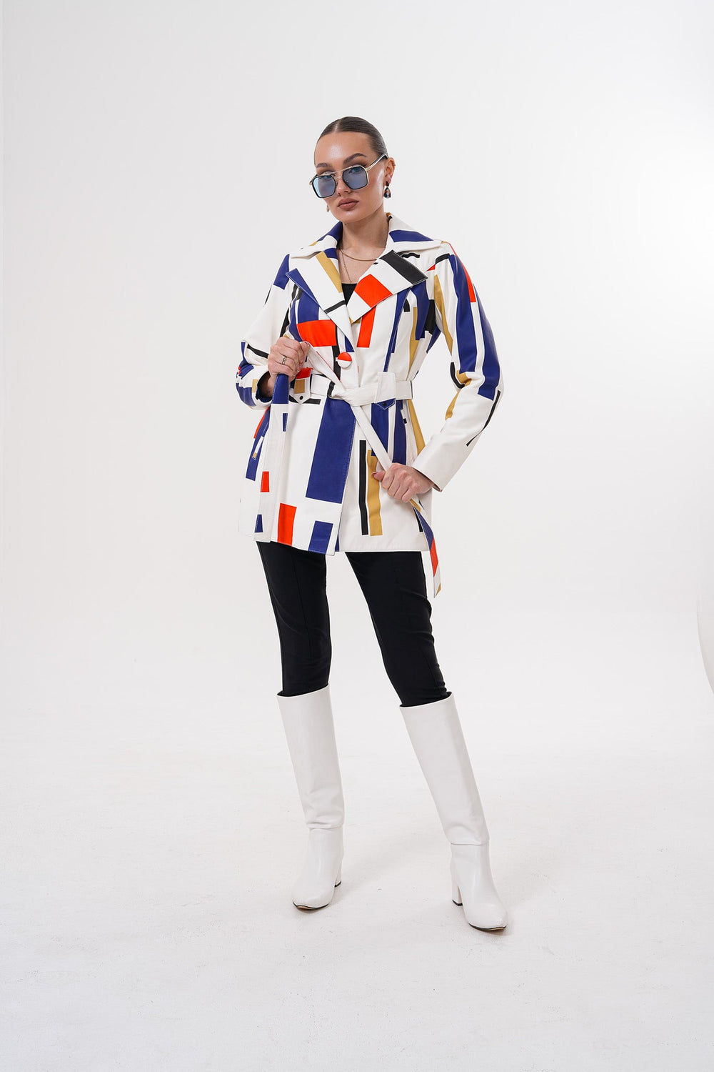 Sienna Abstract Art Leather Jacket – Red Navy Edition - Vinci Leather