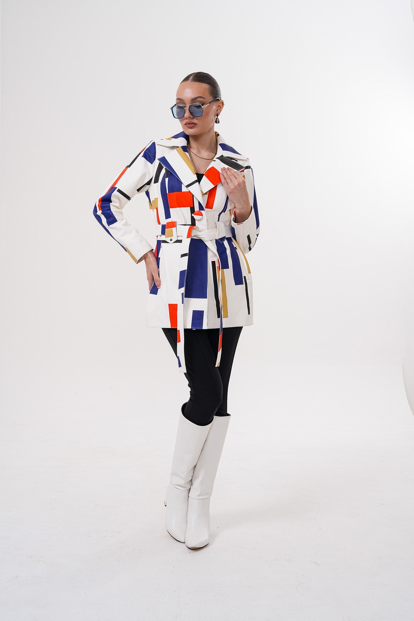 Sienna Abstract Art Leather Jacket – Red Navy Edition - Vinci Leather