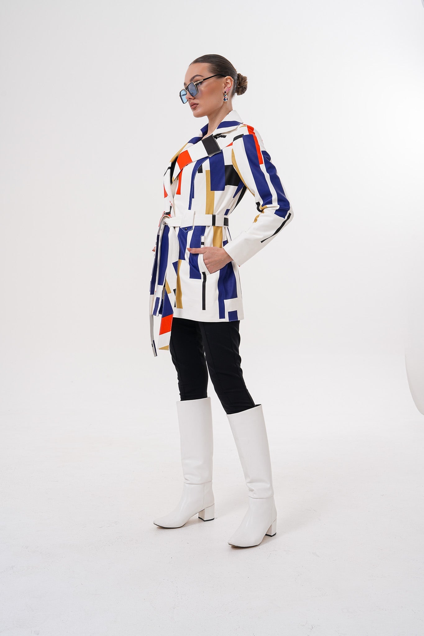 Sienna Abstract Art Leather Jacket – Red Navy Edition - Vinci Leather