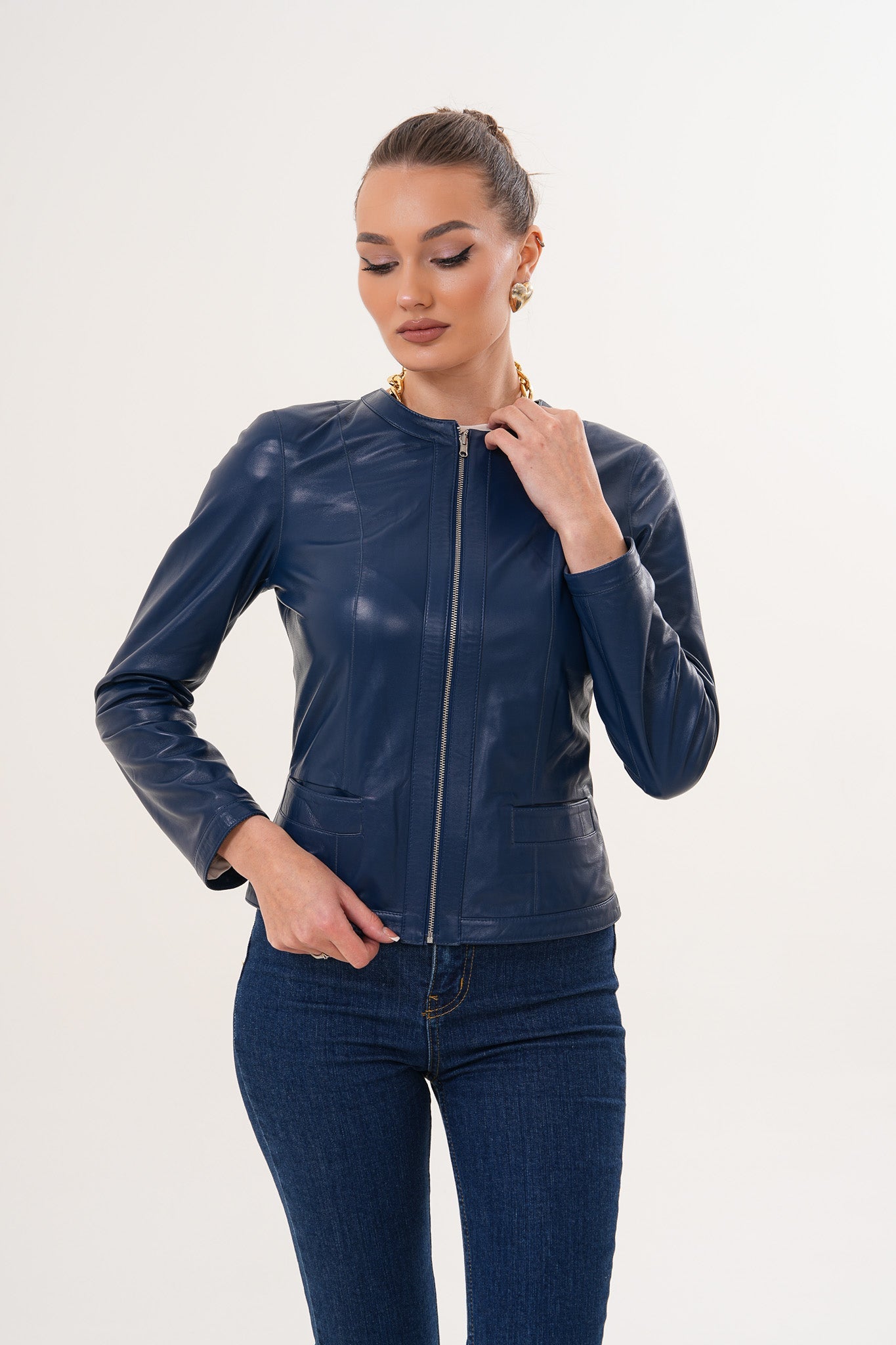 The Nyvessa Reversible Navy Blue Leather Jacket - Vinci Leather
