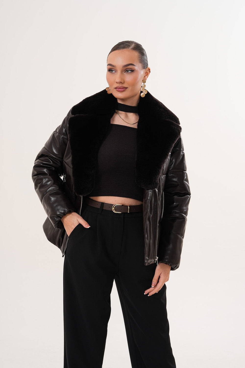 The Elvaris Dark Chocolate Leather Jacket with Fur Collar - Vinci Leather