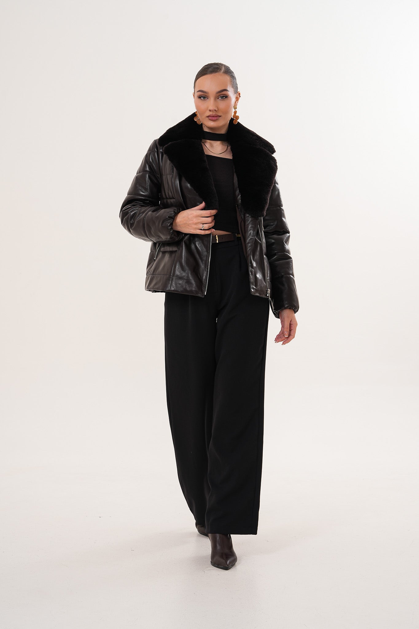 The Elvaris Dark Chocolate Leather Jacket with Fur Collar - Vinci Leather