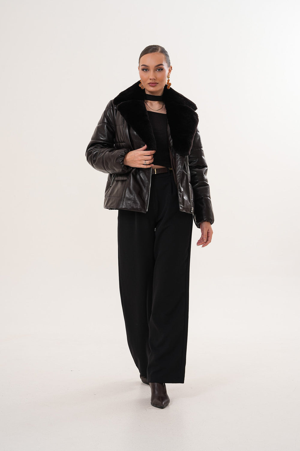 The Elvaris Dark Chocolate Leather Jacket with Fur Collar - Vinci Leather
