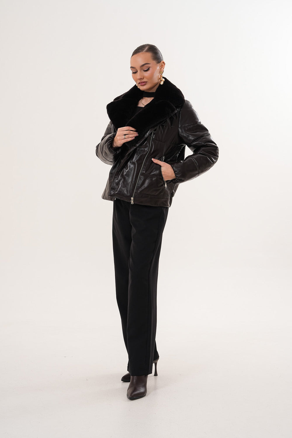 The Elvaris Dark Chocolate Leather Jacket with Fur Collar - Vinci Leather