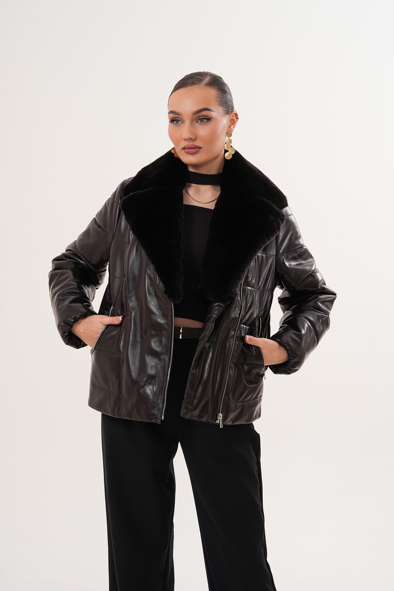 The Elvaris Dark Chocolate Leather Jacket with Fur Collar - Vinci Leather