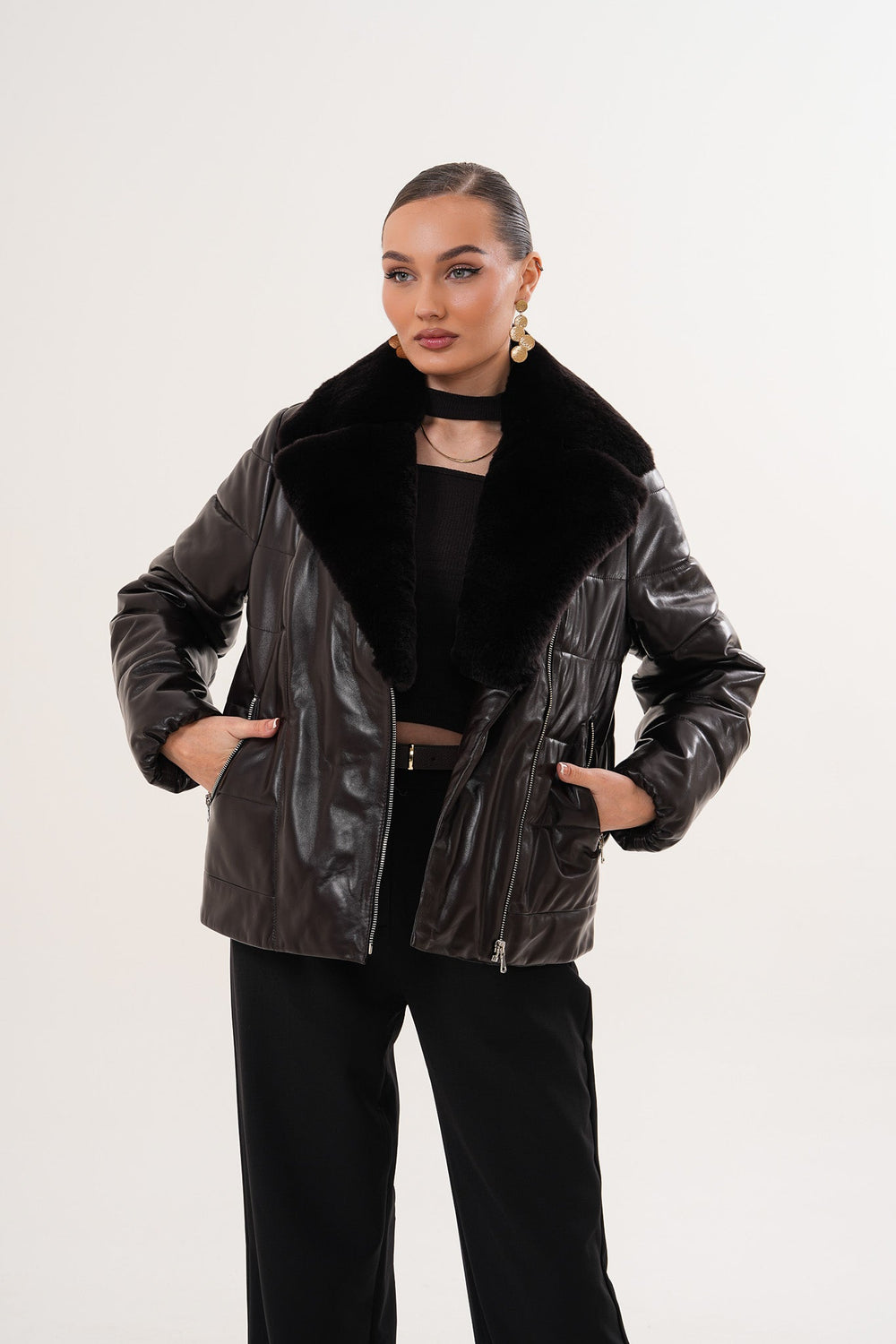 The Elvaris Dark Chocolate Leather Jacket with Fur Collar - Vinci Leather