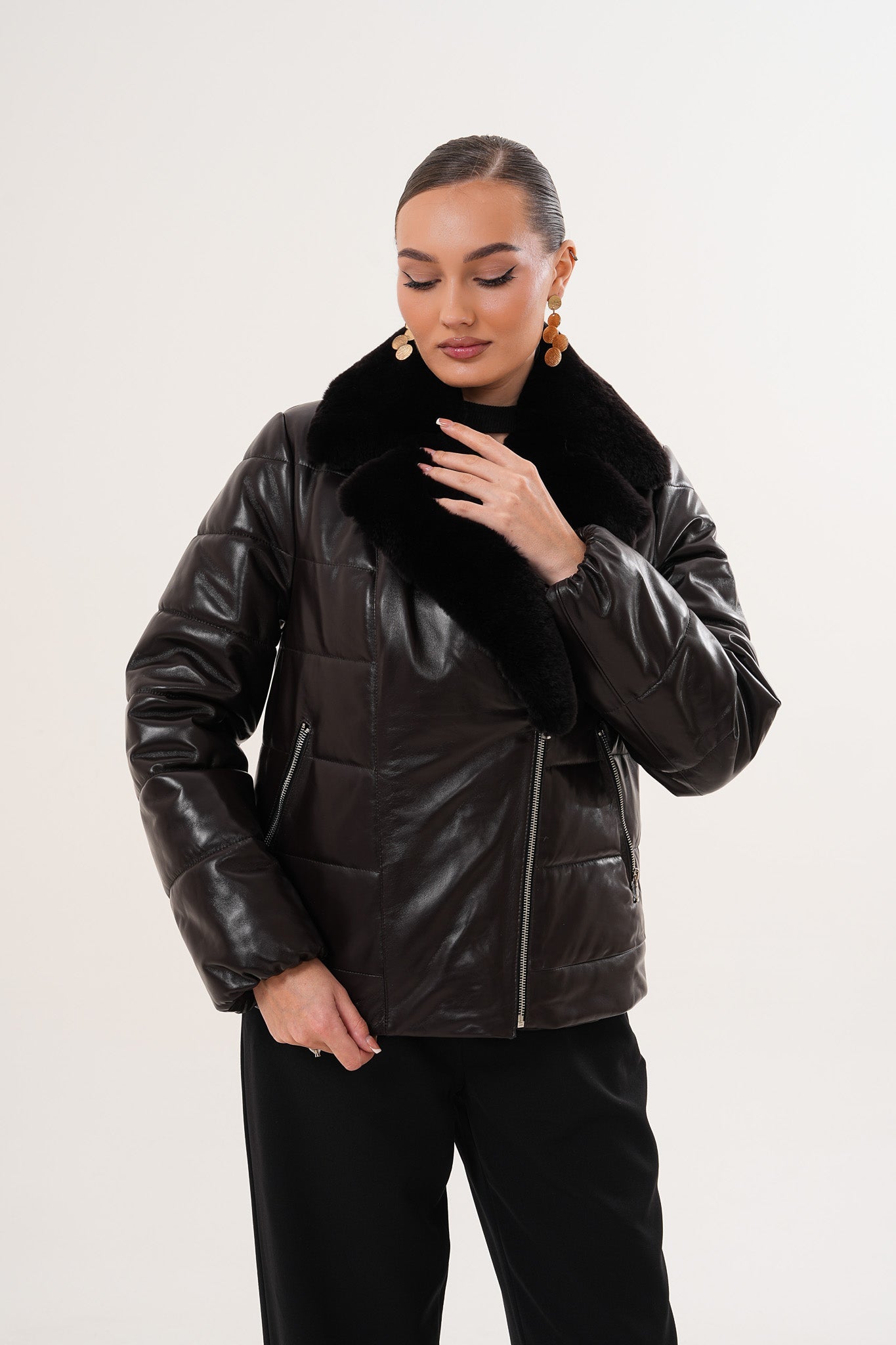 The Elvaris Dark Chocolate Leather Jacket with Fur Collar - Vinci Leather