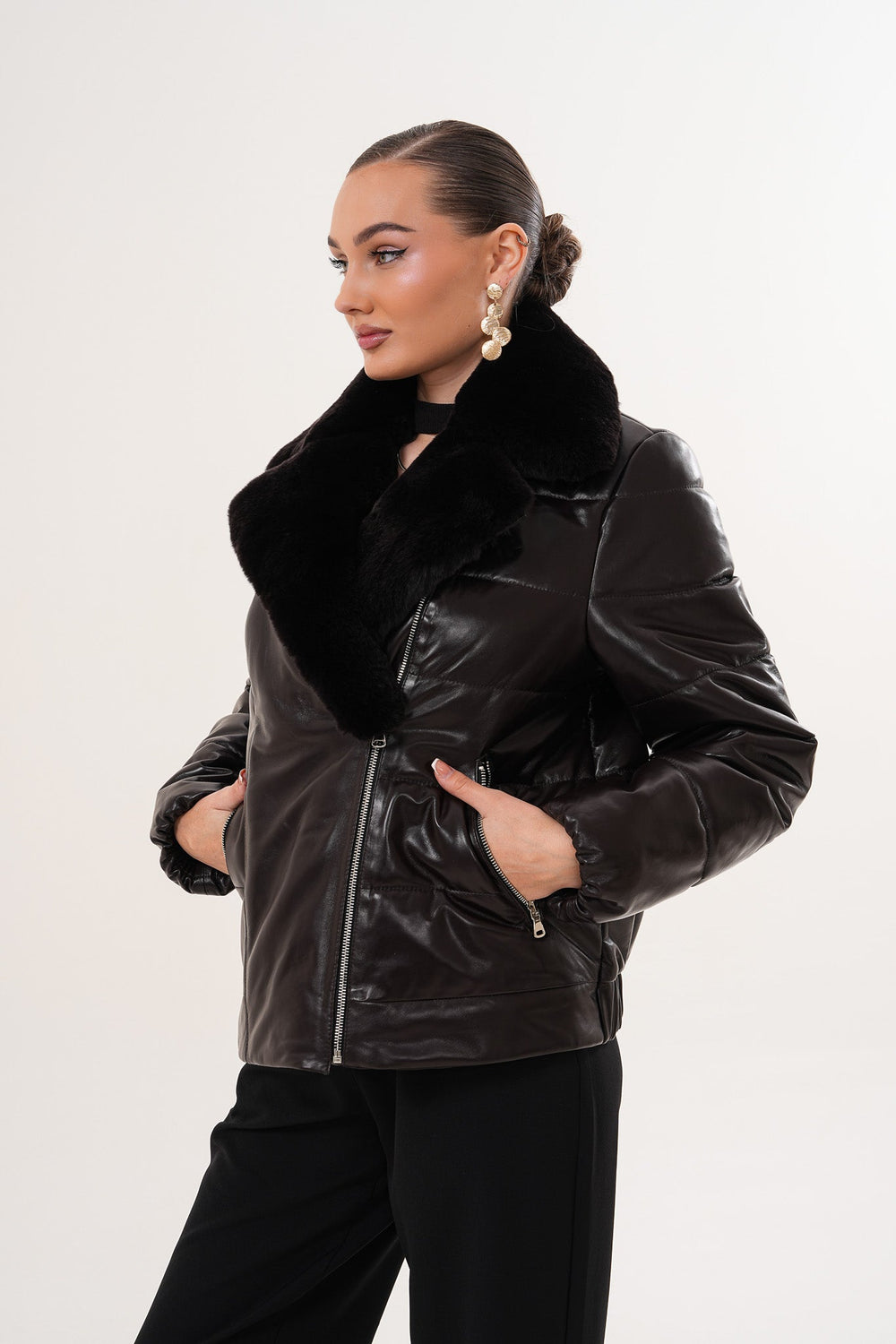 The Elvaris Dark Chocolate Leather Jacket with Fur Collar - Vinci Leather