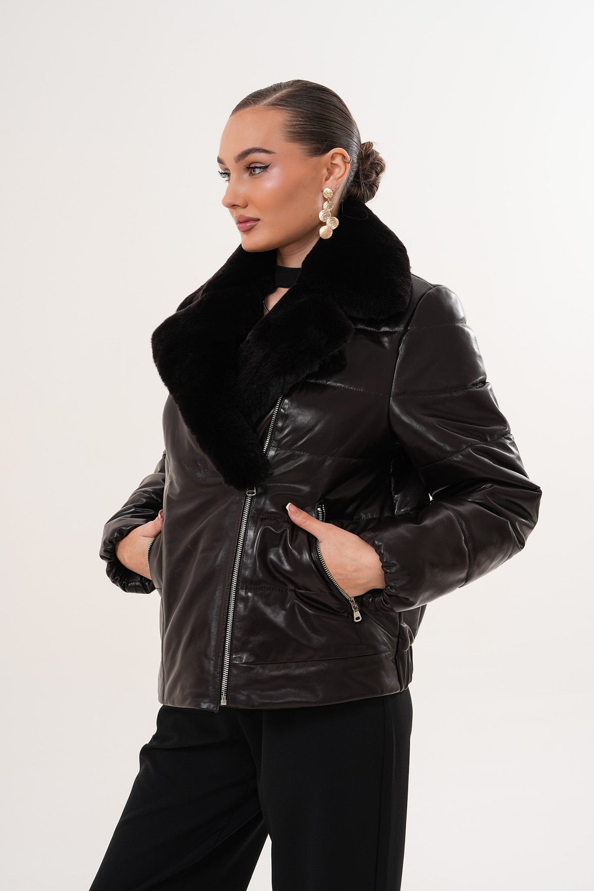 The Elvaris Dark Chocolate Leather Jacket with Fur Collar - Vinci Leather