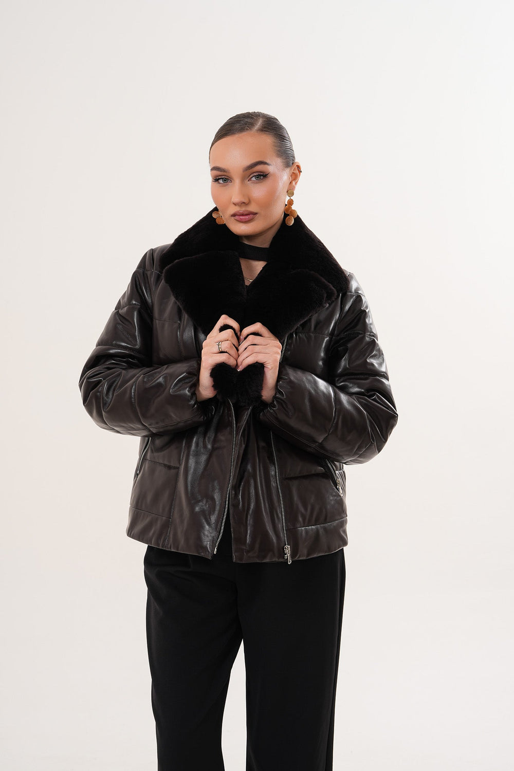 The Elvaris Dark Chocolate Leather Jacket with Fur Collar - Vinci Leather