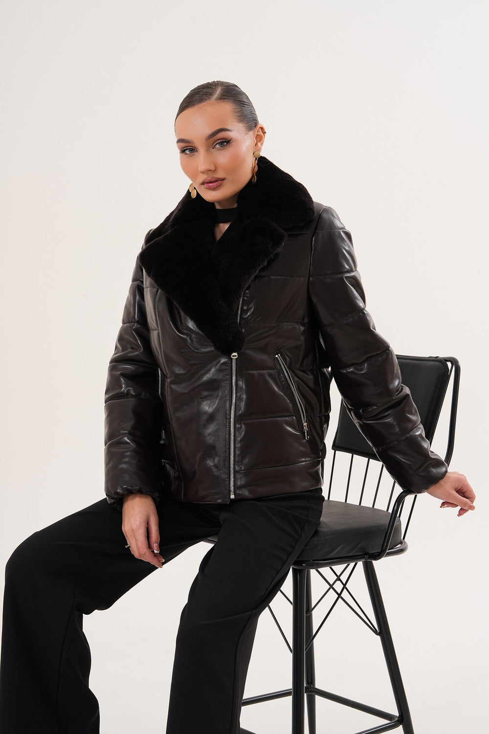 The Elvaris Dark Chocolate Leather Jacket with Fur Collar - Vinci Leather