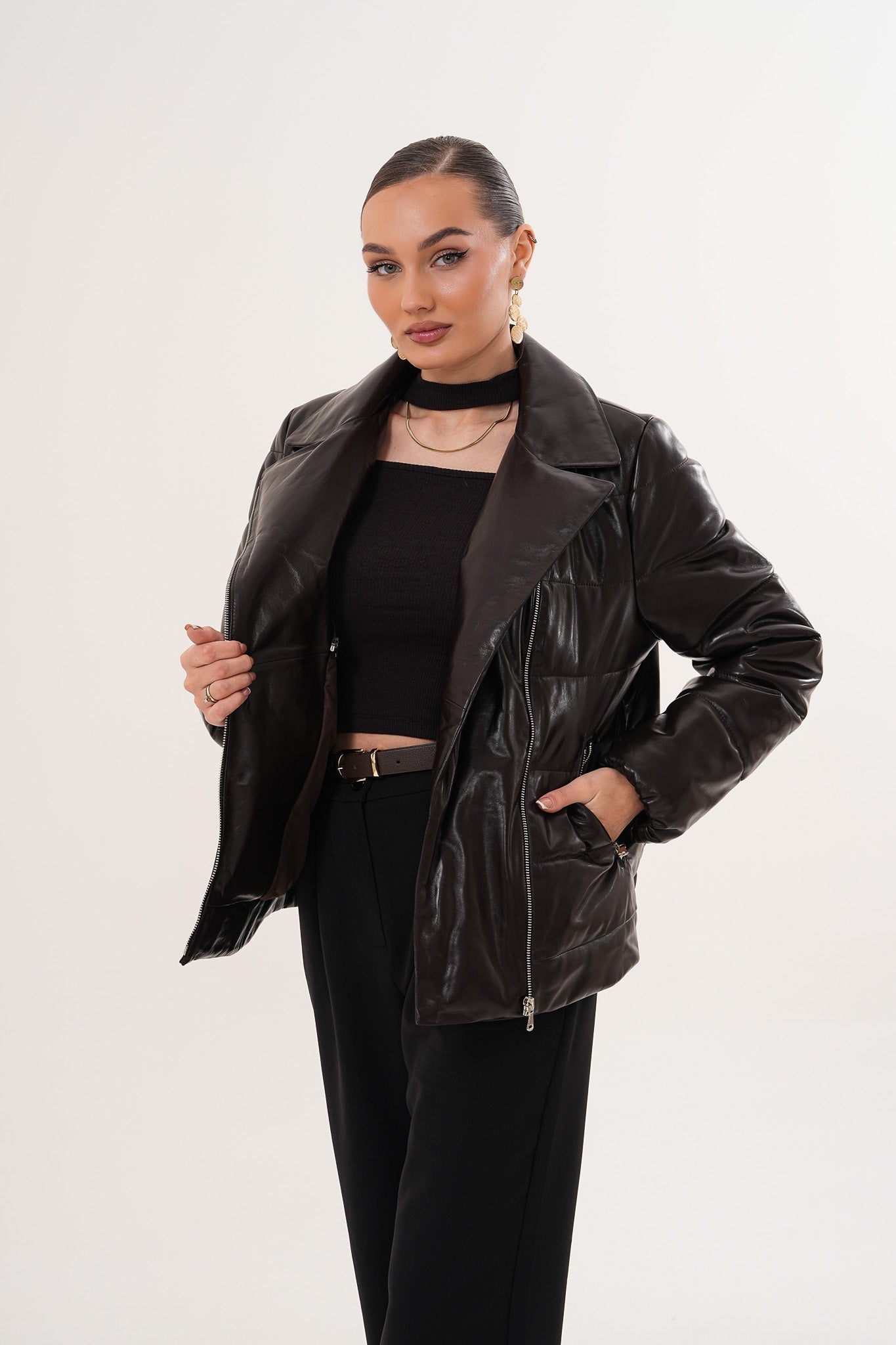 The Elvaris Dark Chocolate Leather Jacket with Fur Collar - Vinci Leather