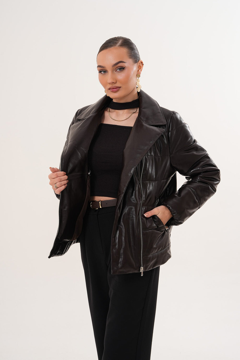 The Elvaris Dark Chocolate Leather Jacket with Fur Collar - Vinci Leather