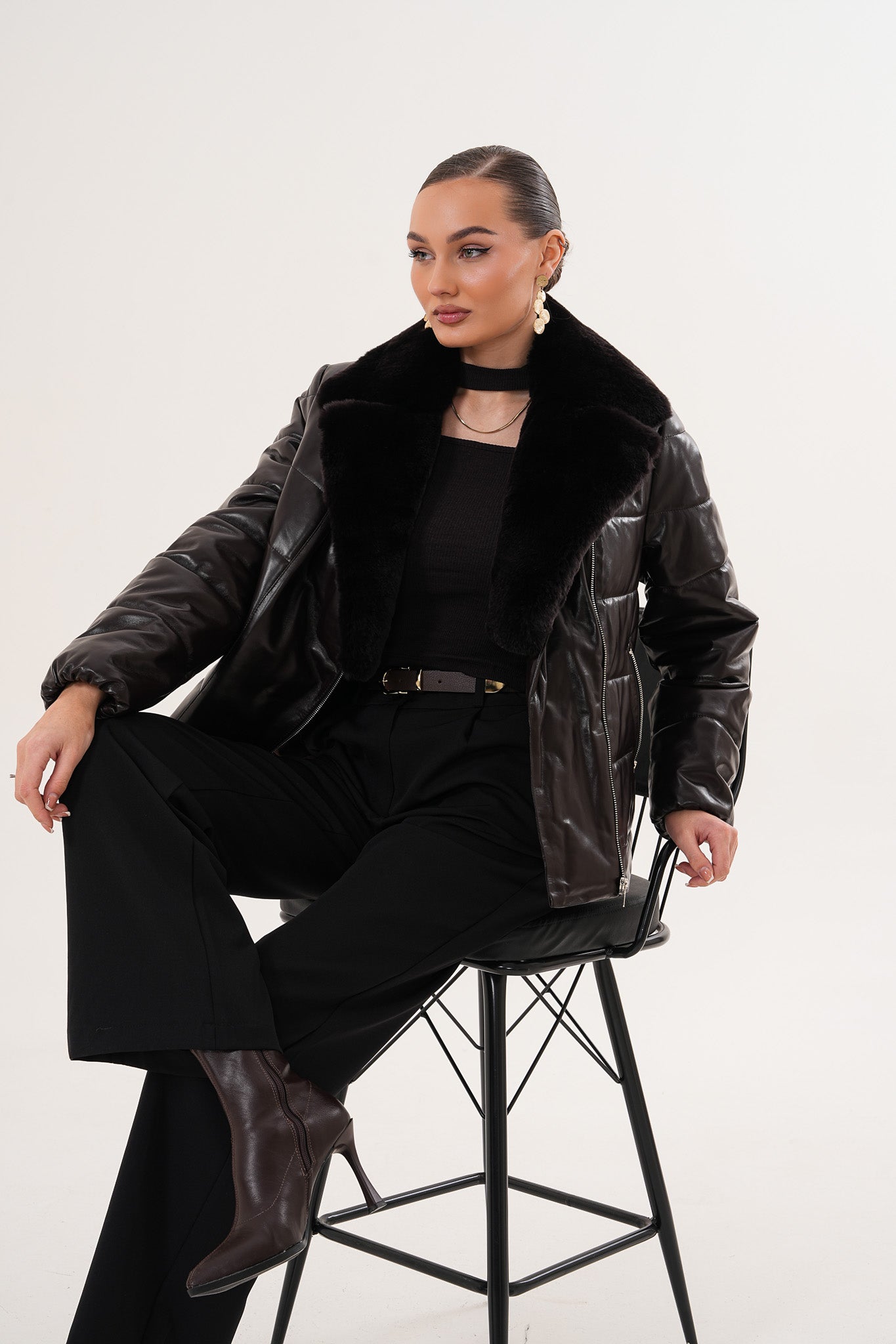 The Elvaris Dark Chocolate Leather Jacket with Fur Collar - Vinci Leather