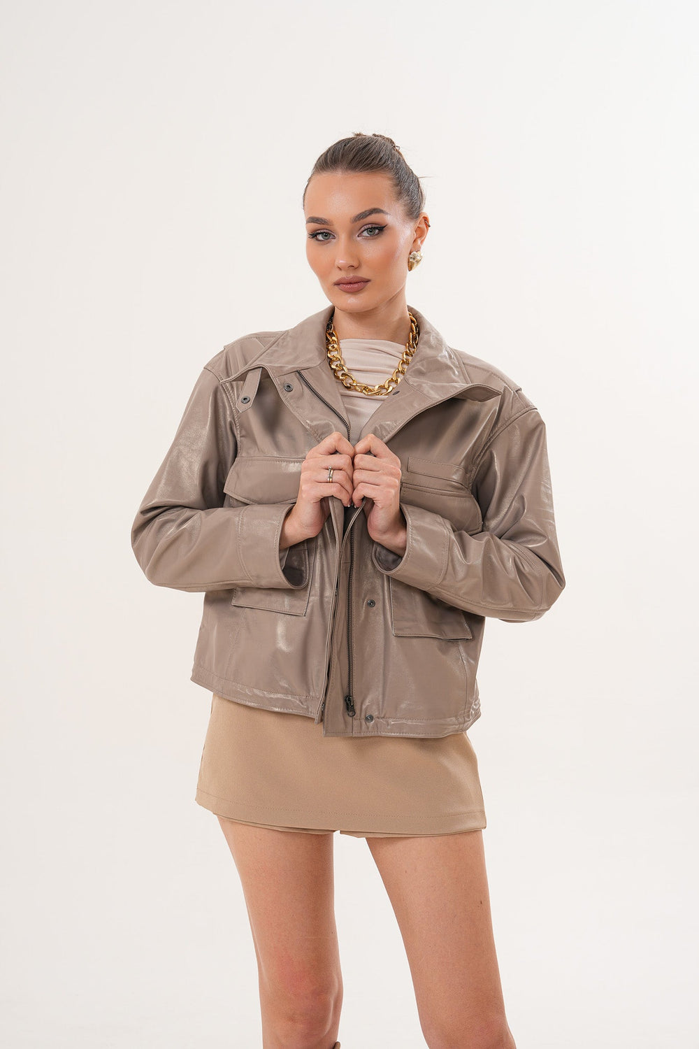 The Ravelyn Taupe Leather Jacket - Vinci Leather