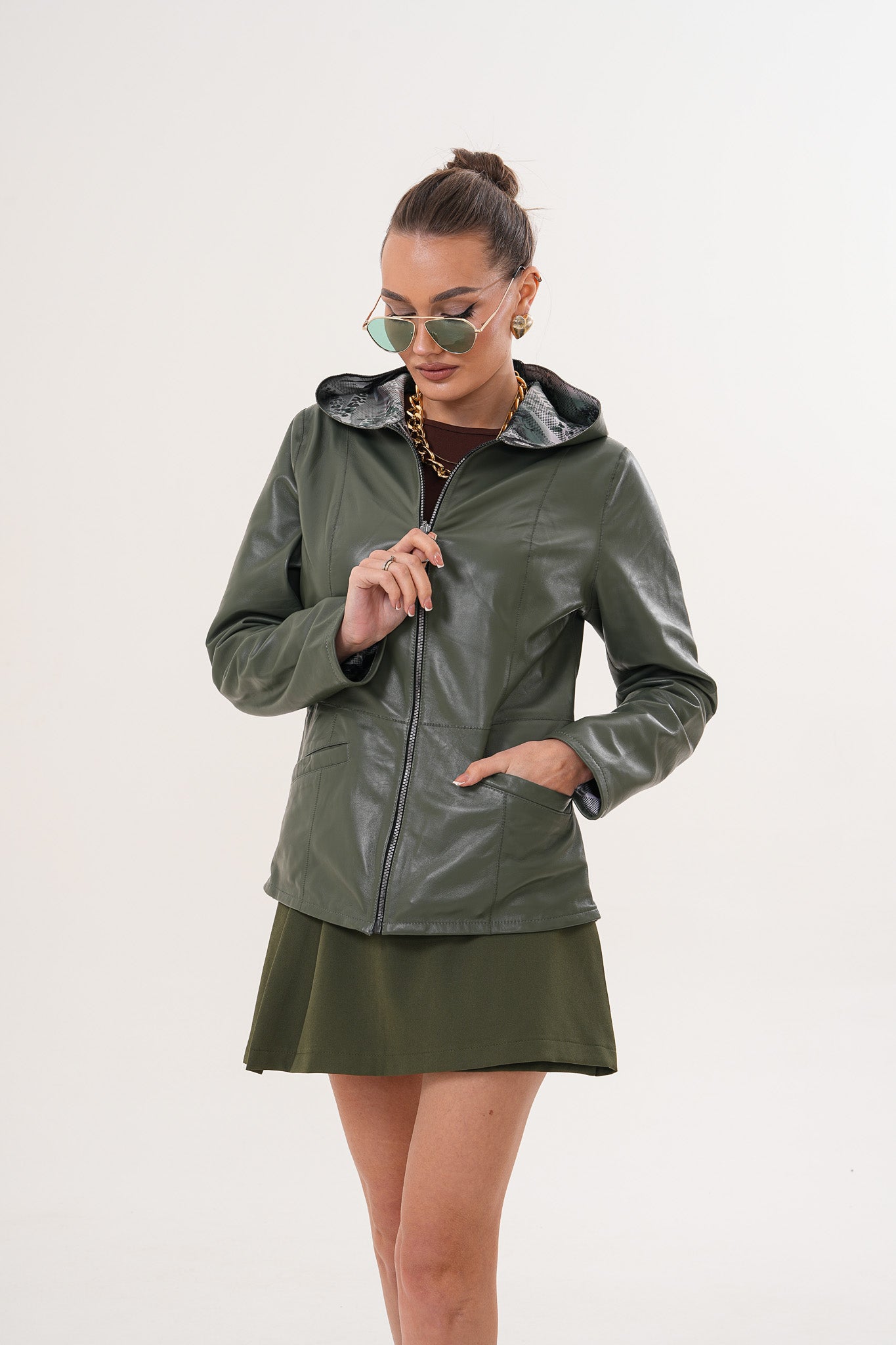 The Avelyn Reversible Olive Green Leather Jacket - Vinci Leather