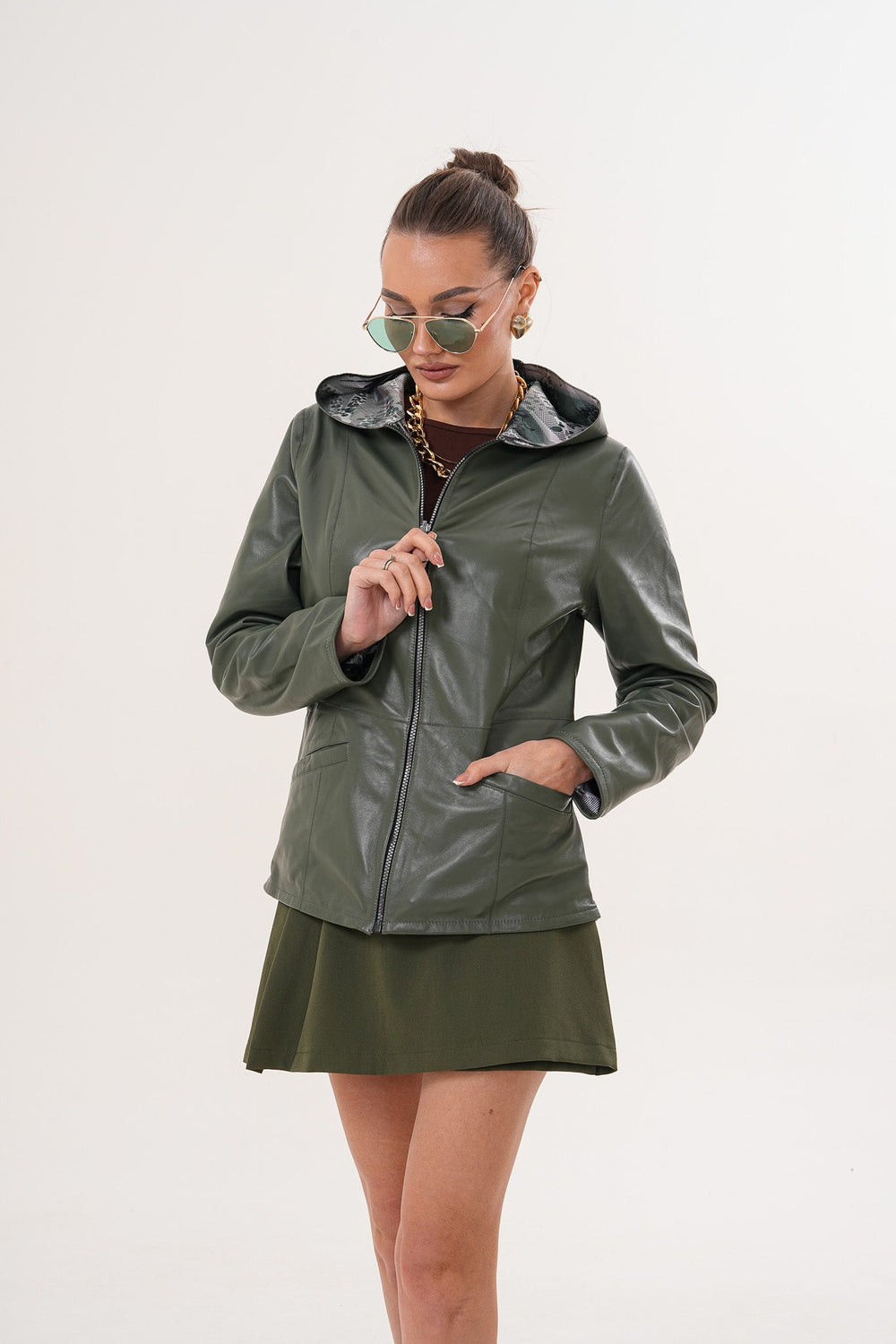 The Avelyn Reversible Olive Green Leather Jacket - Vinci Leather