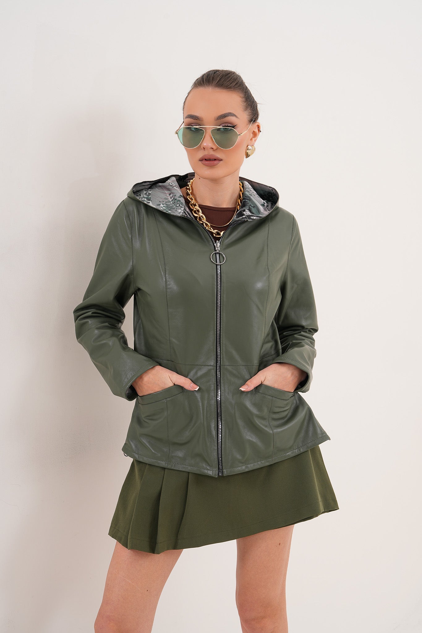 The Avelyn Reversible Olive Green Leather Jacket - Vinci Leather