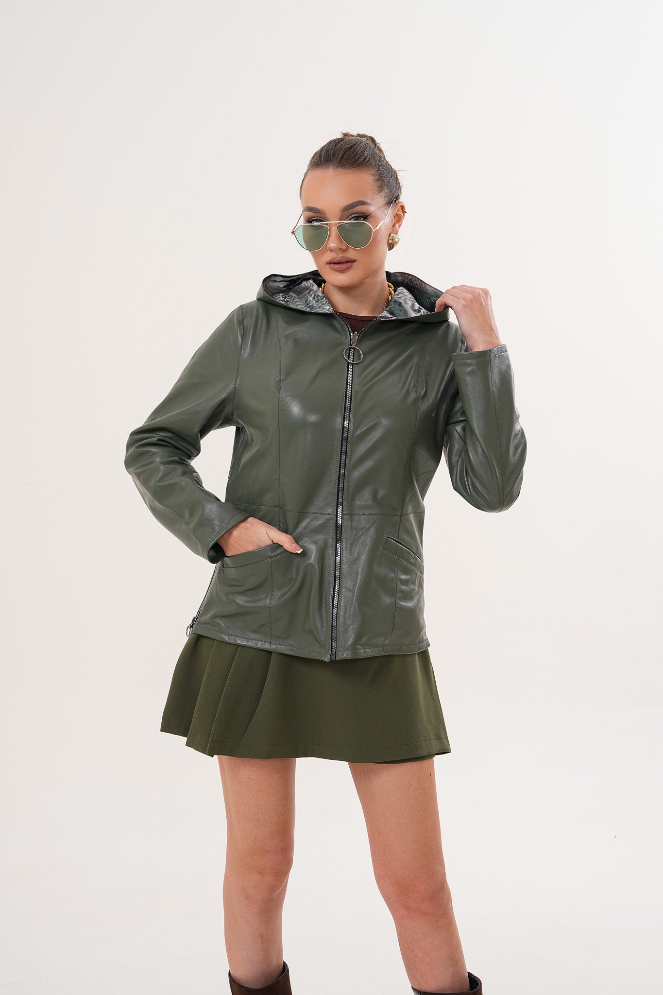 The Avelyn Reversible Olive Green Leather Jacket - Vinci Leather