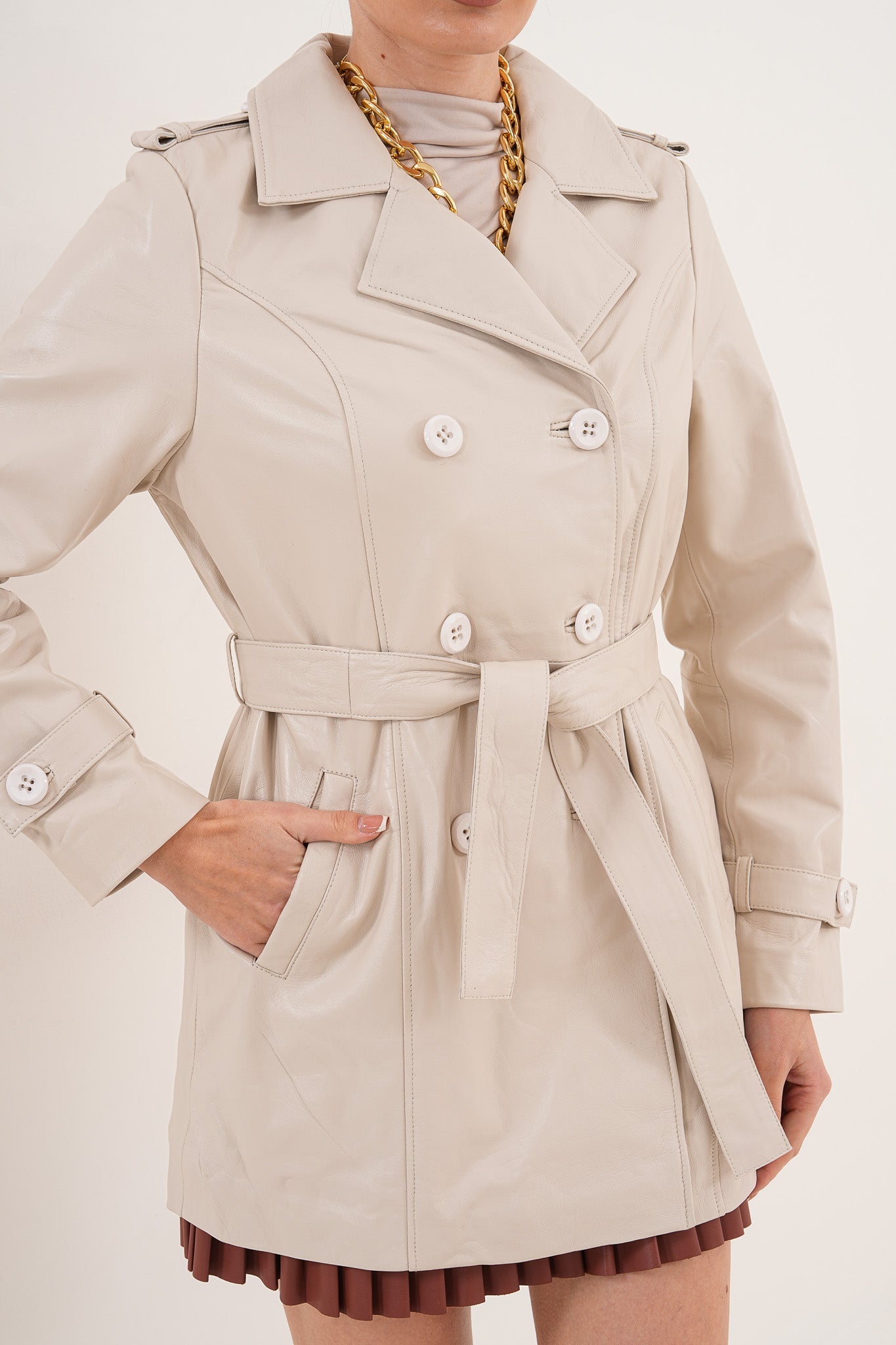 The Caelith Light Beige Leather Trench Jacket - Vinci Leather