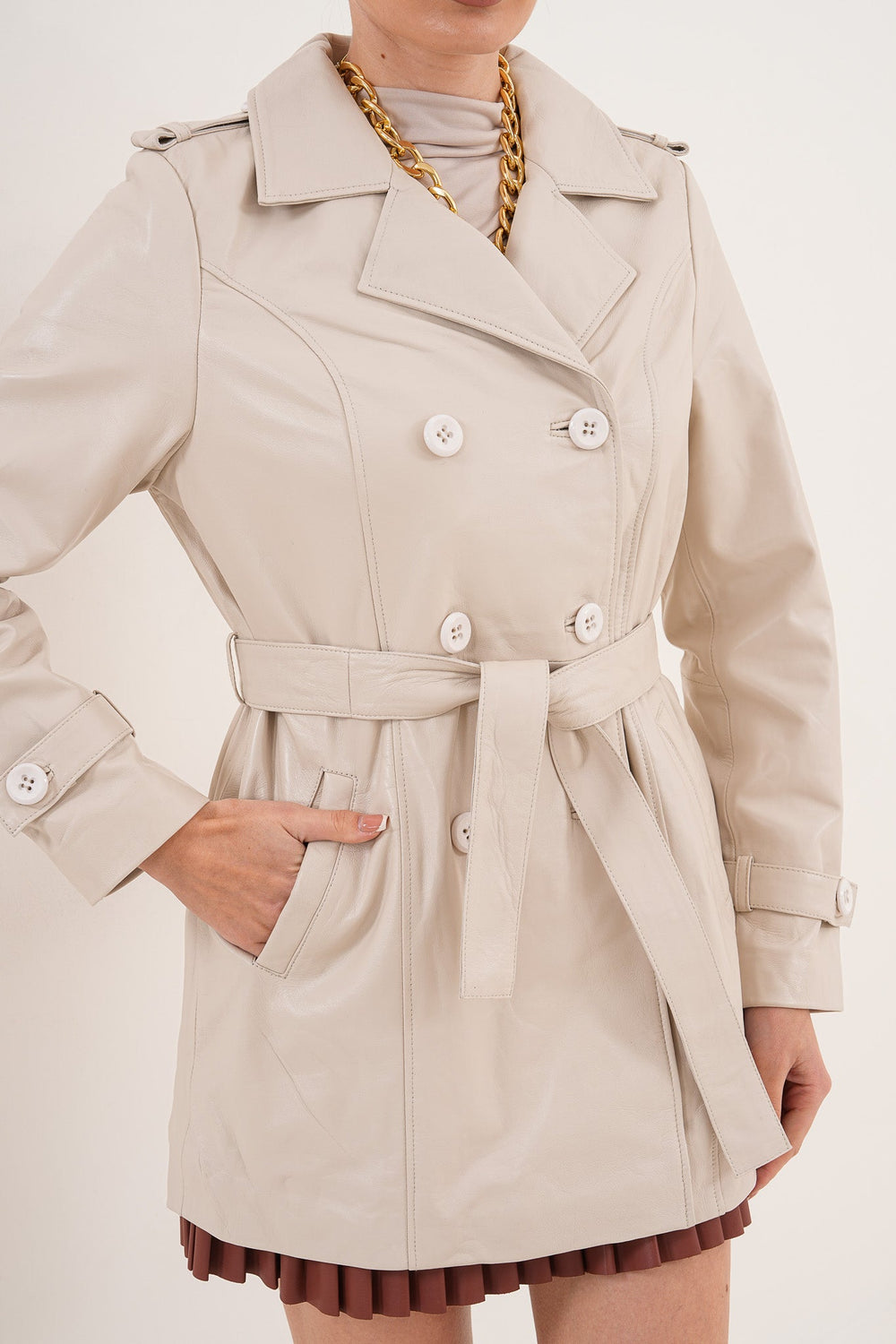 The Caelith Light Beige Leather Trench Jacket - Vinci Leather