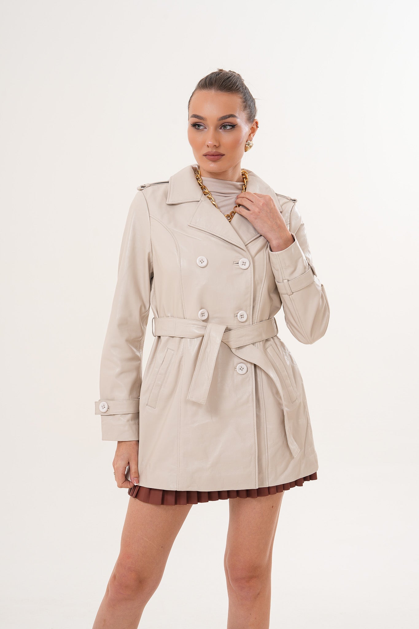 The Caelith Light Beige Leather Trench Jacket - Vinci Leather