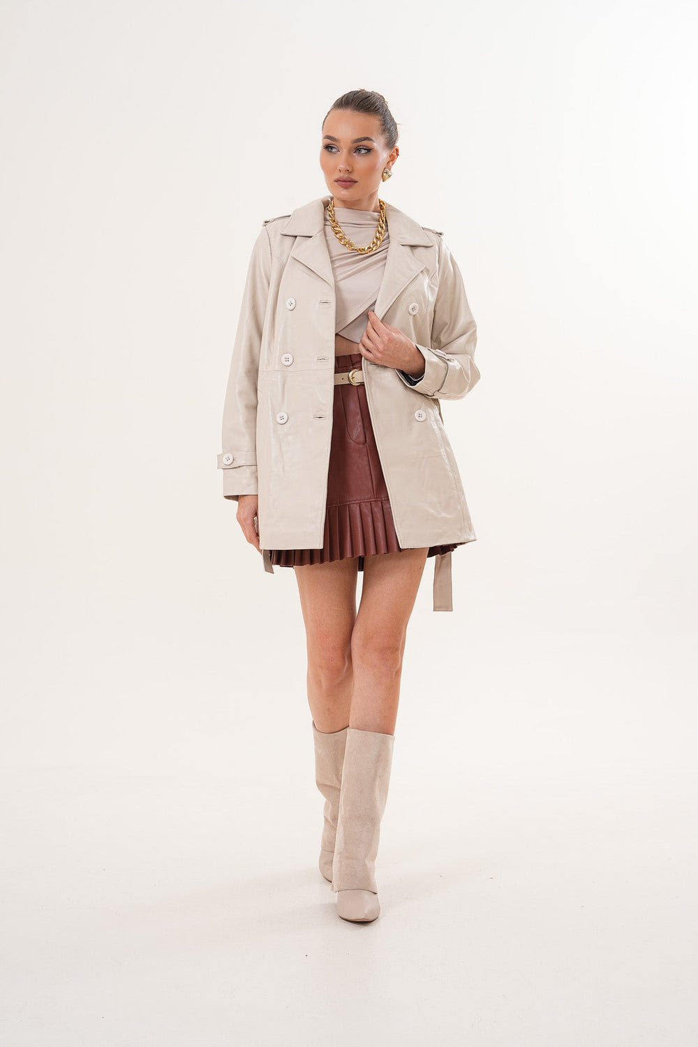 The Caelith Light Beige Leather Trench Jacket - Vinci Leather