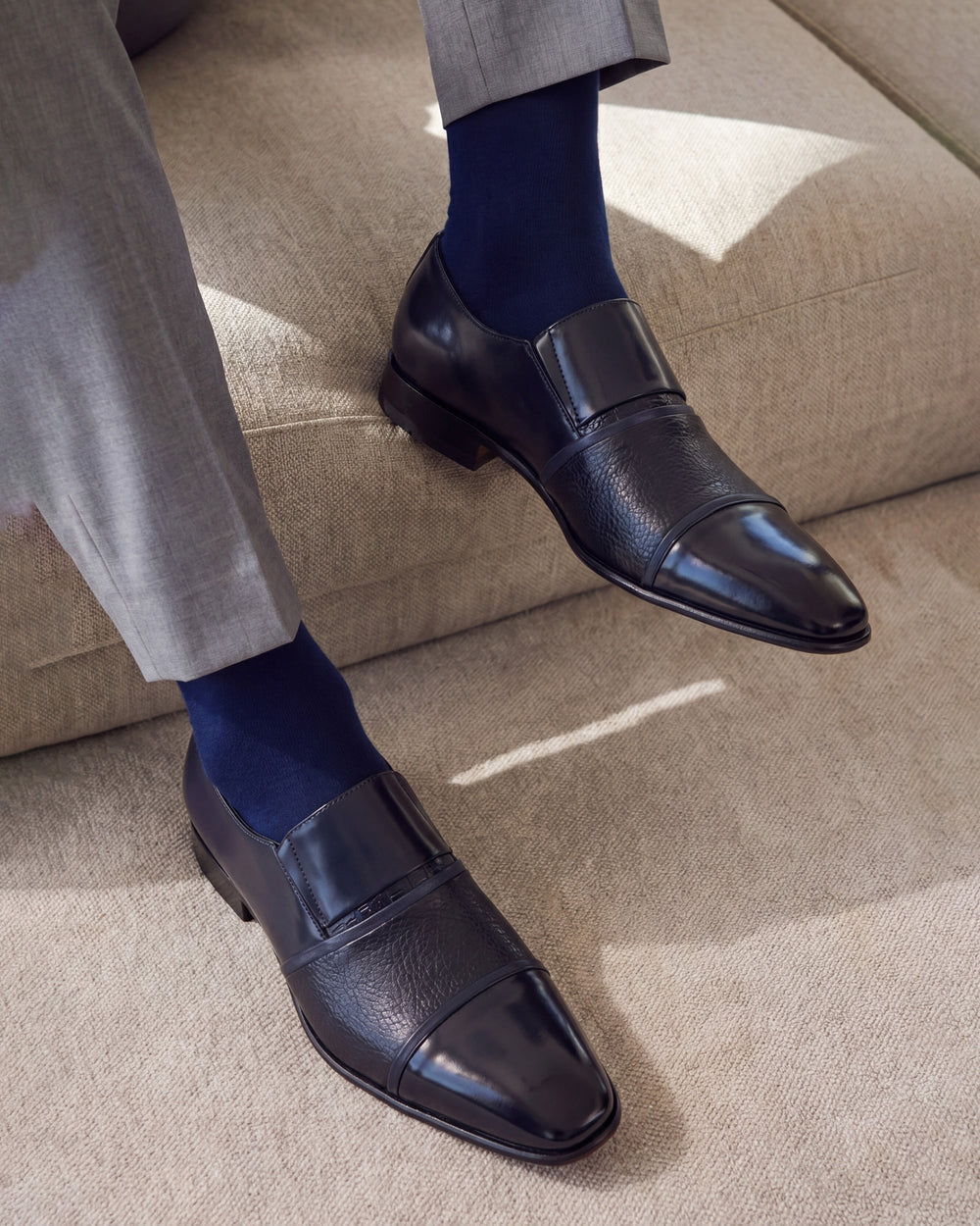 The Everest Navy Leather Cap Toe Dress Loafer Shoe - Vinci Leather