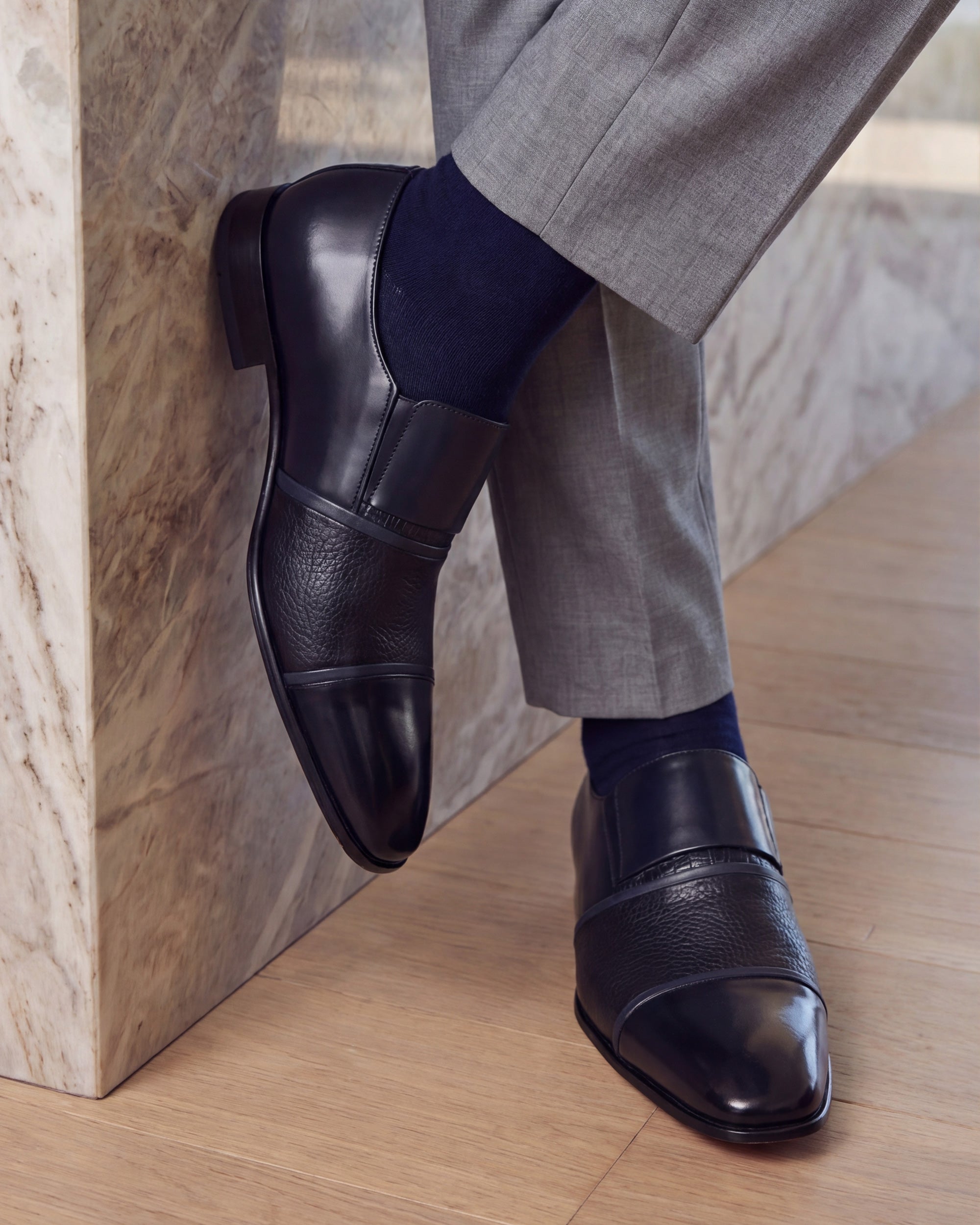 The Everest Navy Leather Cap Toe Dress Loafer Shoe - Vinci Leather