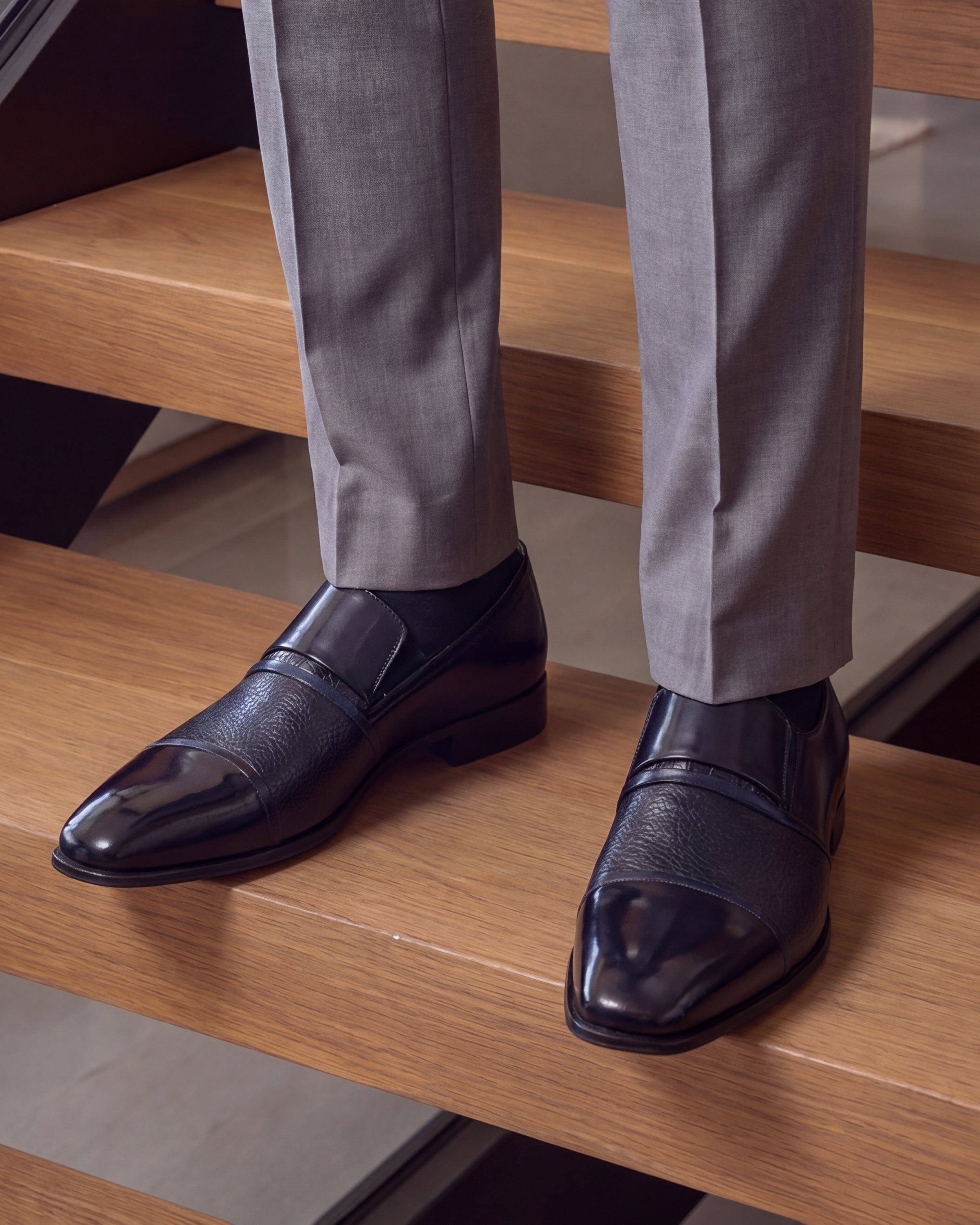 The Everest Navy Leather Cap Toe Dress Loafer Shoe - Vinci Leather