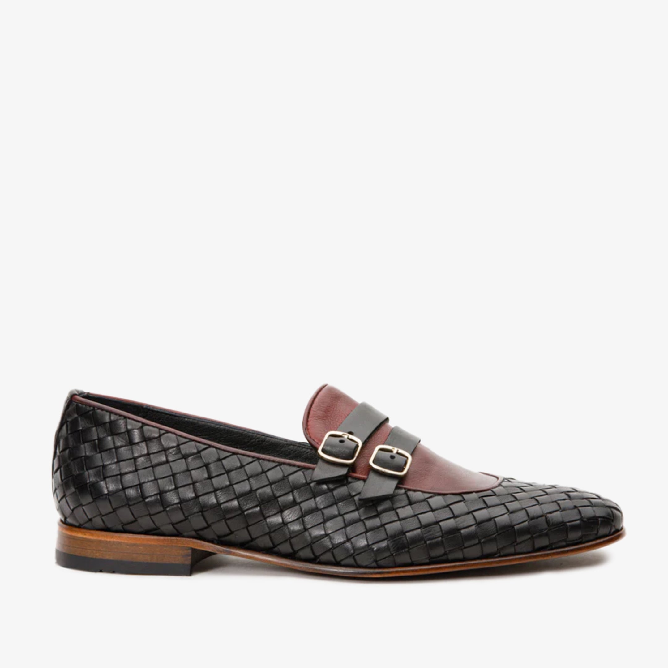 The Vatra Black Burgundy Woven Double Monk Strap Shoe - Vinci Leather