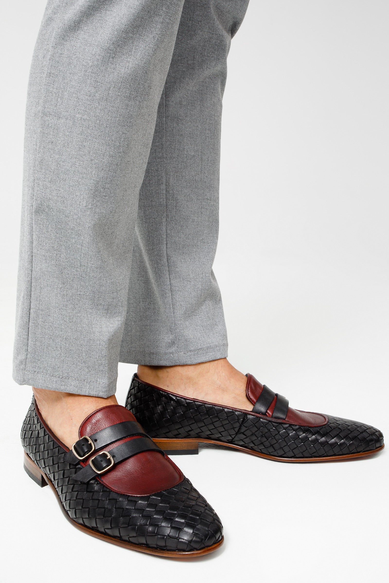 The Vatra Black Burgundy Woven Double Monk Strap Shoe - Vinci Leather