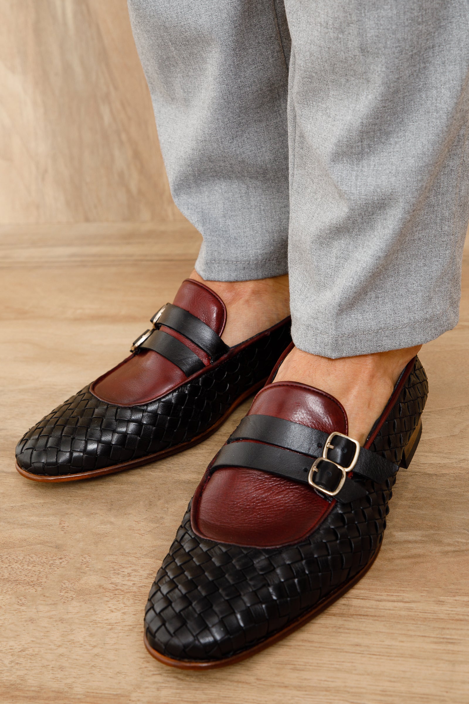 The Vatra Black Burgundy Woven Double Monk Strap Shoe - Vinci Leather