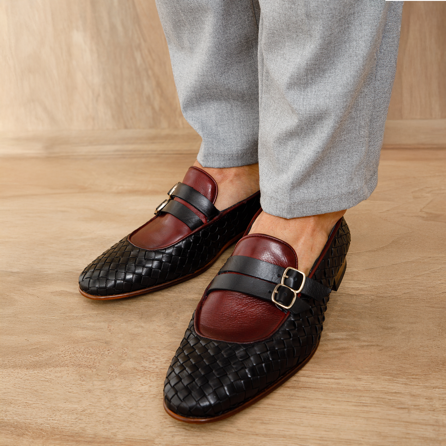 The Vatra Black Burgundy Woven Double Monk Strap Shoe - Vinci Leather