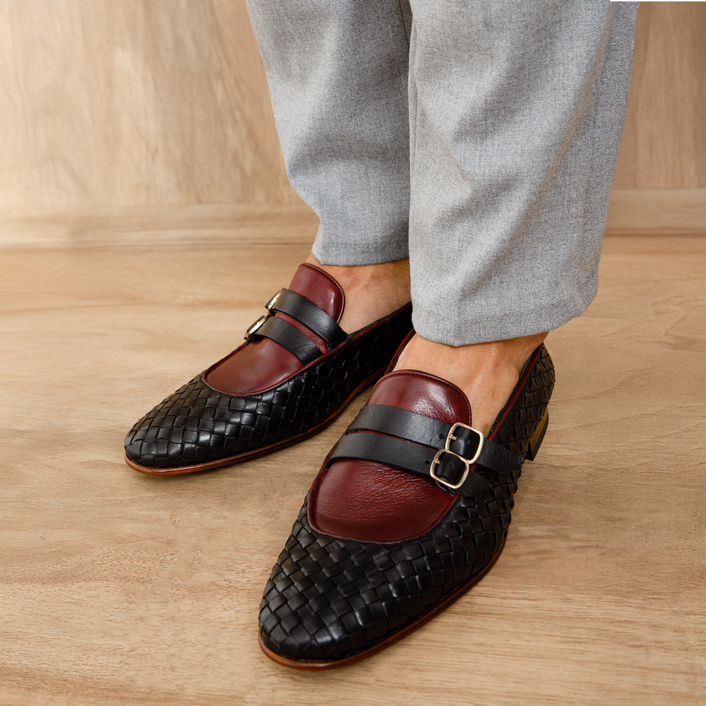 The Vatra Black Burgundy Woven Double Monk Strap Shoe - Vinci Leather