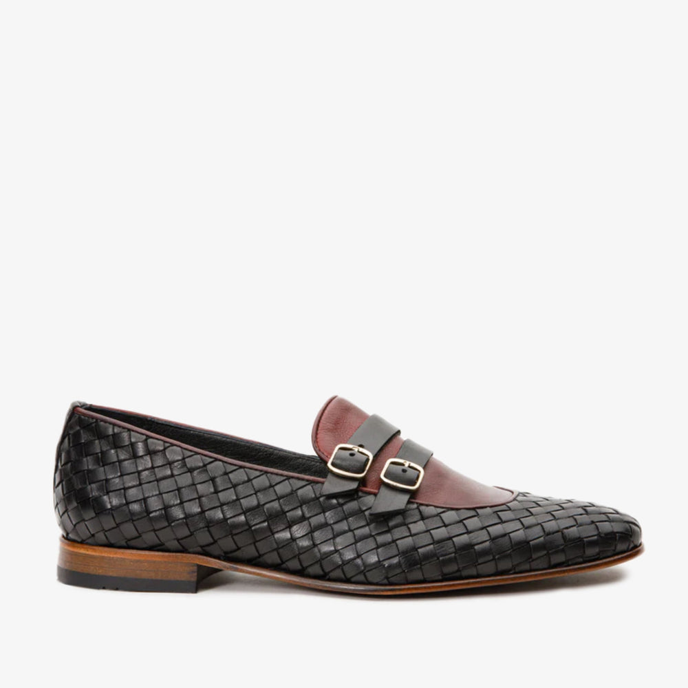 The Vatra Black Burgundy Woven Double Monk Strap Shoe - Vinci Leather