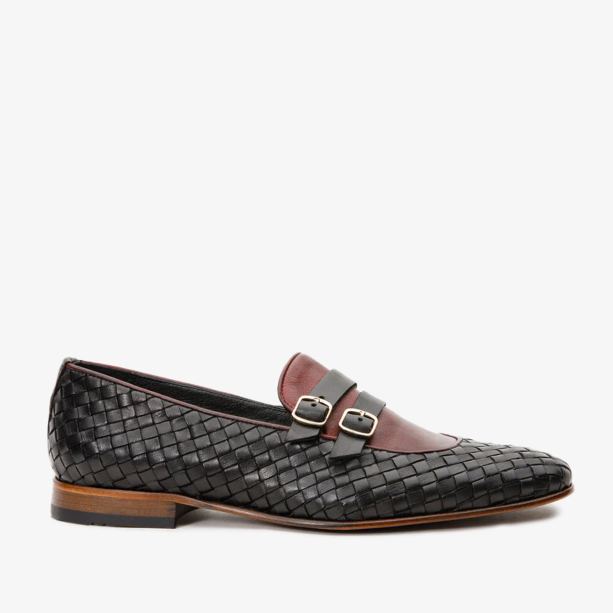 The Vatra Black Burgundy Woven Double Monk Strap Shoe - Vinci Leather