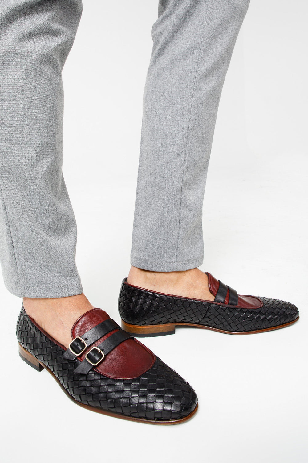The Vatra Black Burgundy Woven Double Monk Strap Shoe - Vinci Leather