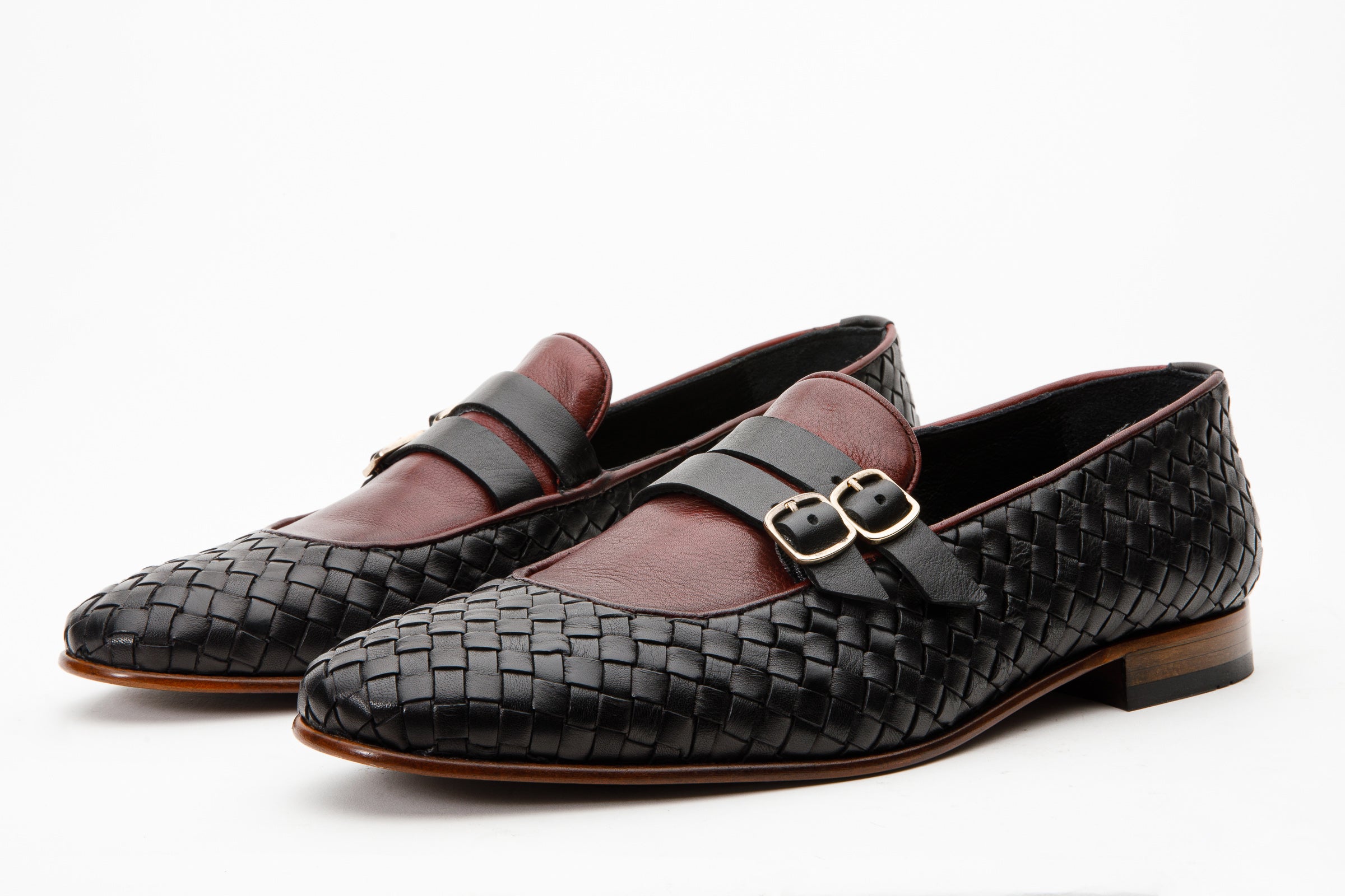 The Vatra Black Burgundy Woven Double Monk Strap Shoe - Vinci Leather