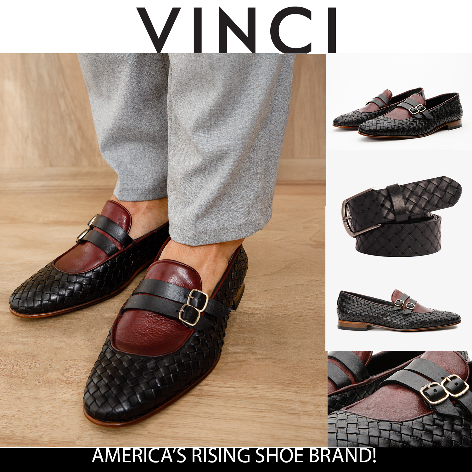 The Vatra Black Burgundy Woven Double Monk Strap Shoe - Vinci Leather