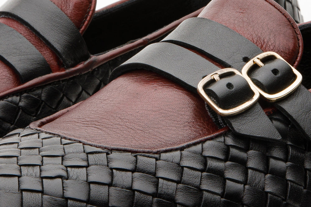 The Vatra Black Burgundy Woven Double Monk Strap Shoe - Vinci Leather